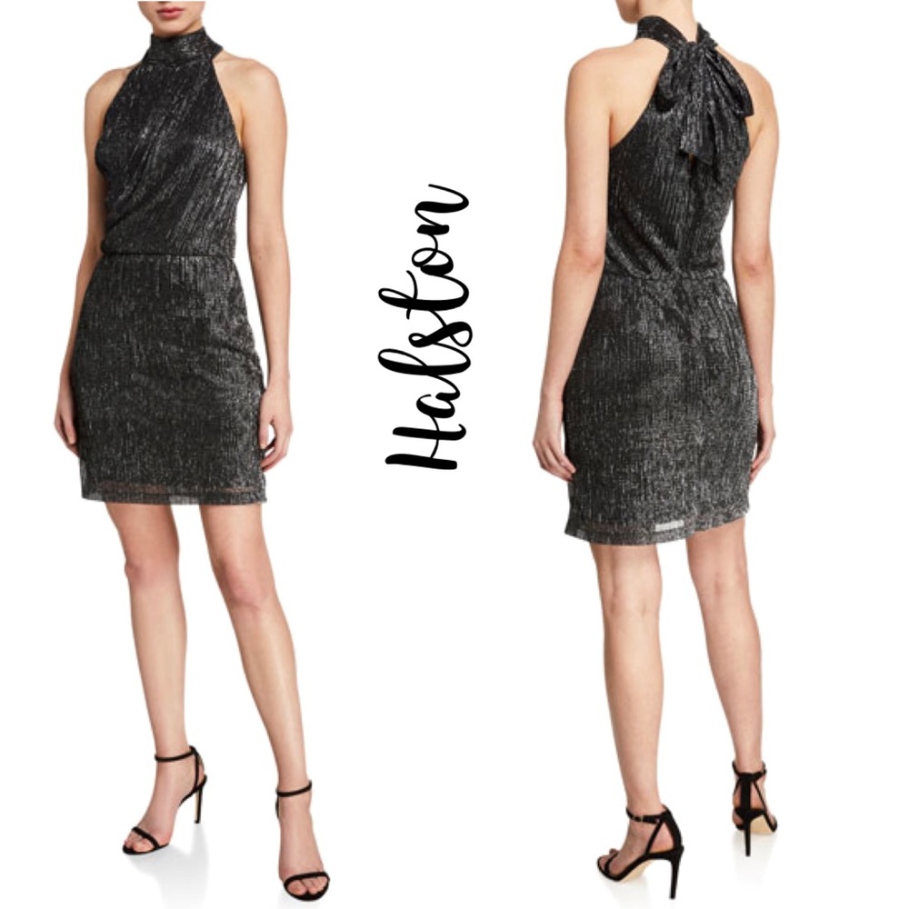 Halston Black Metallic Knit Halter Dress Sz 6